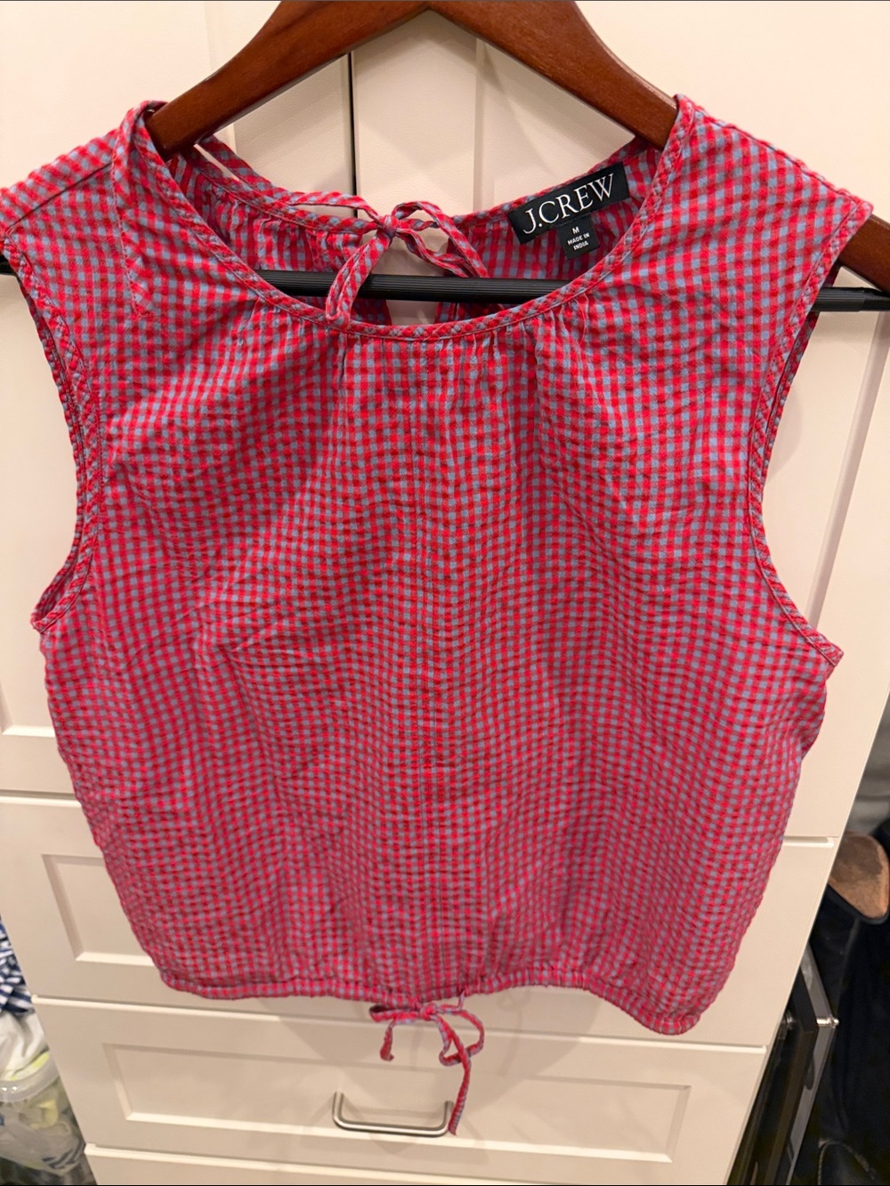 J. Crew Red and Blue Gingham Tie-Back Top